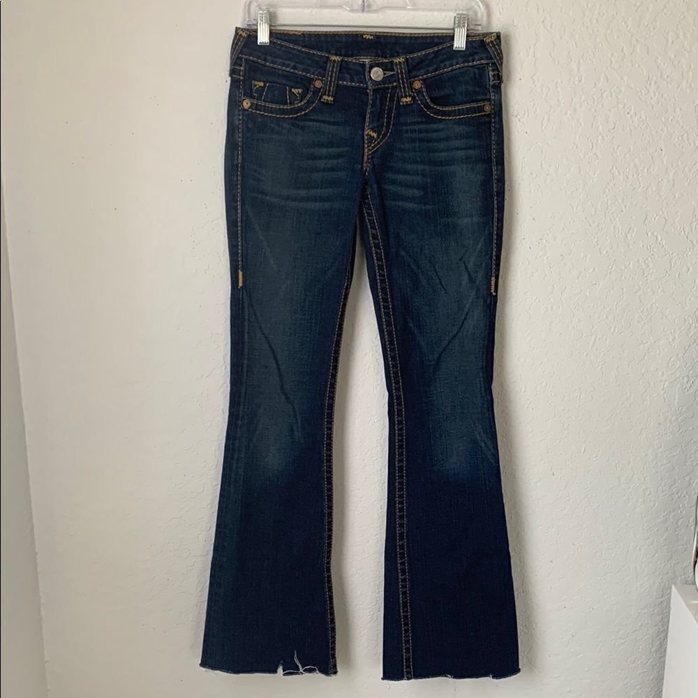 True Religion Women's Blue Flare Leg Cut Off at Bottom Jeans Size 28